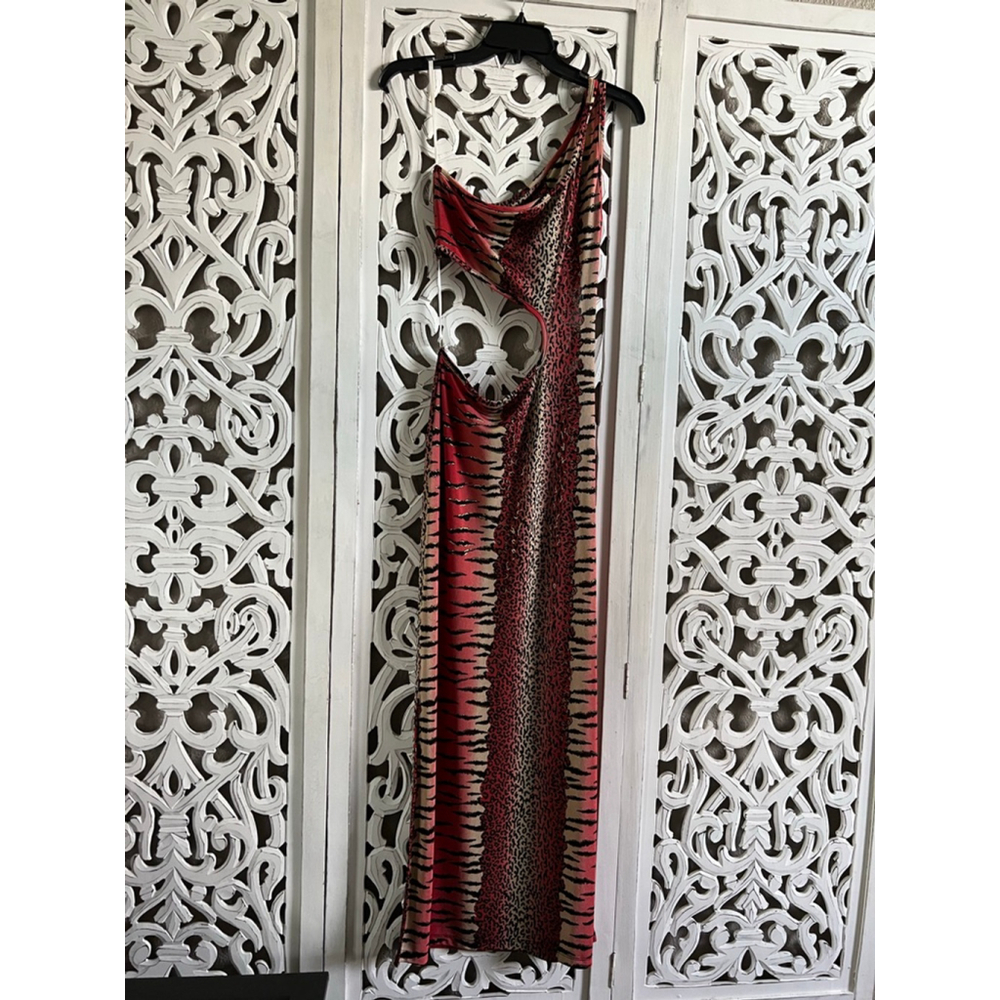 Women's 90s STUDIO f Red Gold Animal Print Asymmetrical Maxi Dress RARE